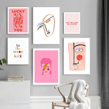 Load image into Gallery viewer, Nordic Abstract Poster Line Face Canvas Painting Wall Art Pink Style Letter Lucky You Pictures For Living Room Modern Decorative