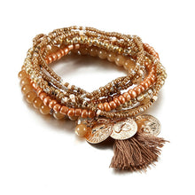 Load image into Gallery viewer, Women Bohemian Jewelry Multilayer Elastic Set Bracelets Bangles With Tassel Gold Coin Glass Beads Charm Wrap Bracelet Femme Gift